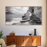Stone Stairway, Ocean Cliff, Coastal Architecture, Mediterranean Charm, Framed Canvas Print, Rustic Wall Art, Entryway Travel Decor
