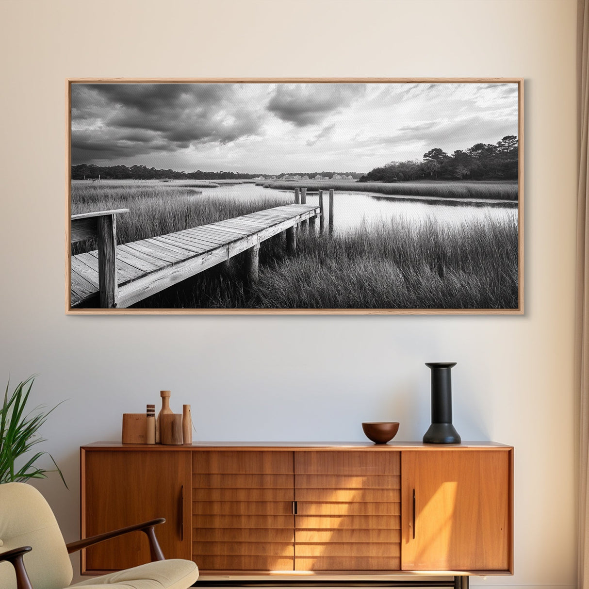 Marsh Dock Scene, Tranquil Water Landscape, Rustic Pier Canvas Print, Black and White Nature, Entryway Art, Coastal Country Home Decor