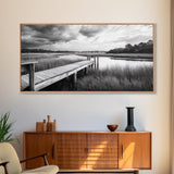 Marsh Dock Scene, Tranquil Water Landscape, Rustic Pier Canvas Print, Black and White Nature, Entryway Art, Coastal Country Home Decor