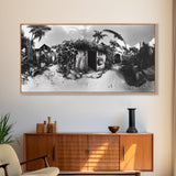 Tropical Beach Shack, Rustic Coastal Decor, Island Vibes, Palm Tree Jungle, Framed Canvas Print, Boho Living Room Wall Art