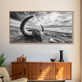 Highland Bull, Ocean Cliff, Coastal Wildlife, Nature Scene, Framed Canvas Print, Rustic Wall Decor, Farmhouse Wall Art, Cabin Aesthetic