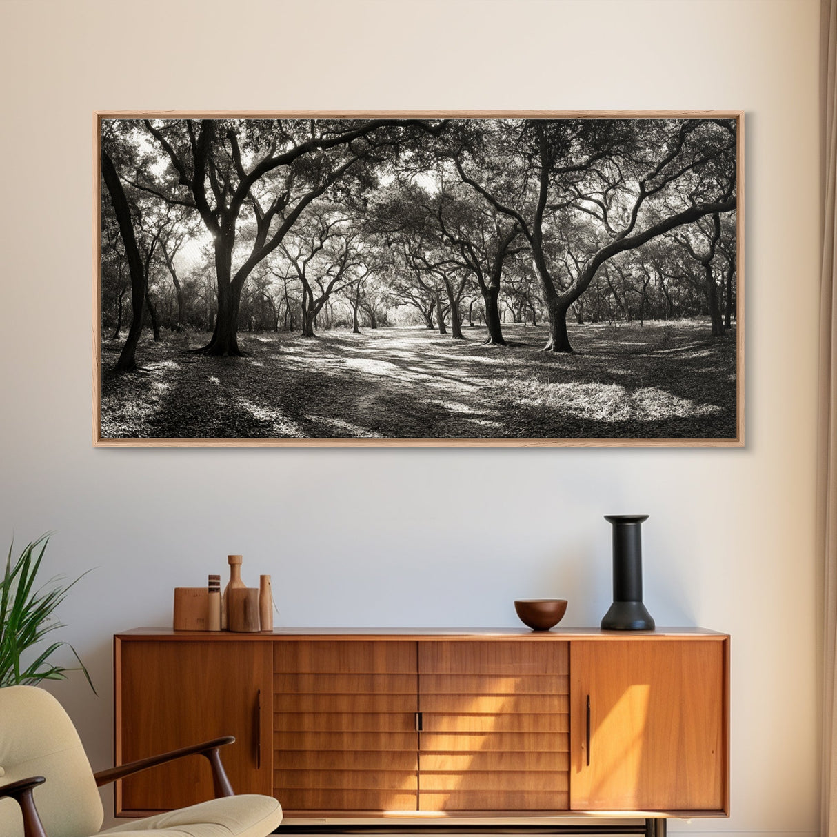 Oak Tree Path, Autumn Forest Glow, Nature Trail Photography, Framed Canvas Print, Hallway Wall Art, Earthy Decor, Woodland Art