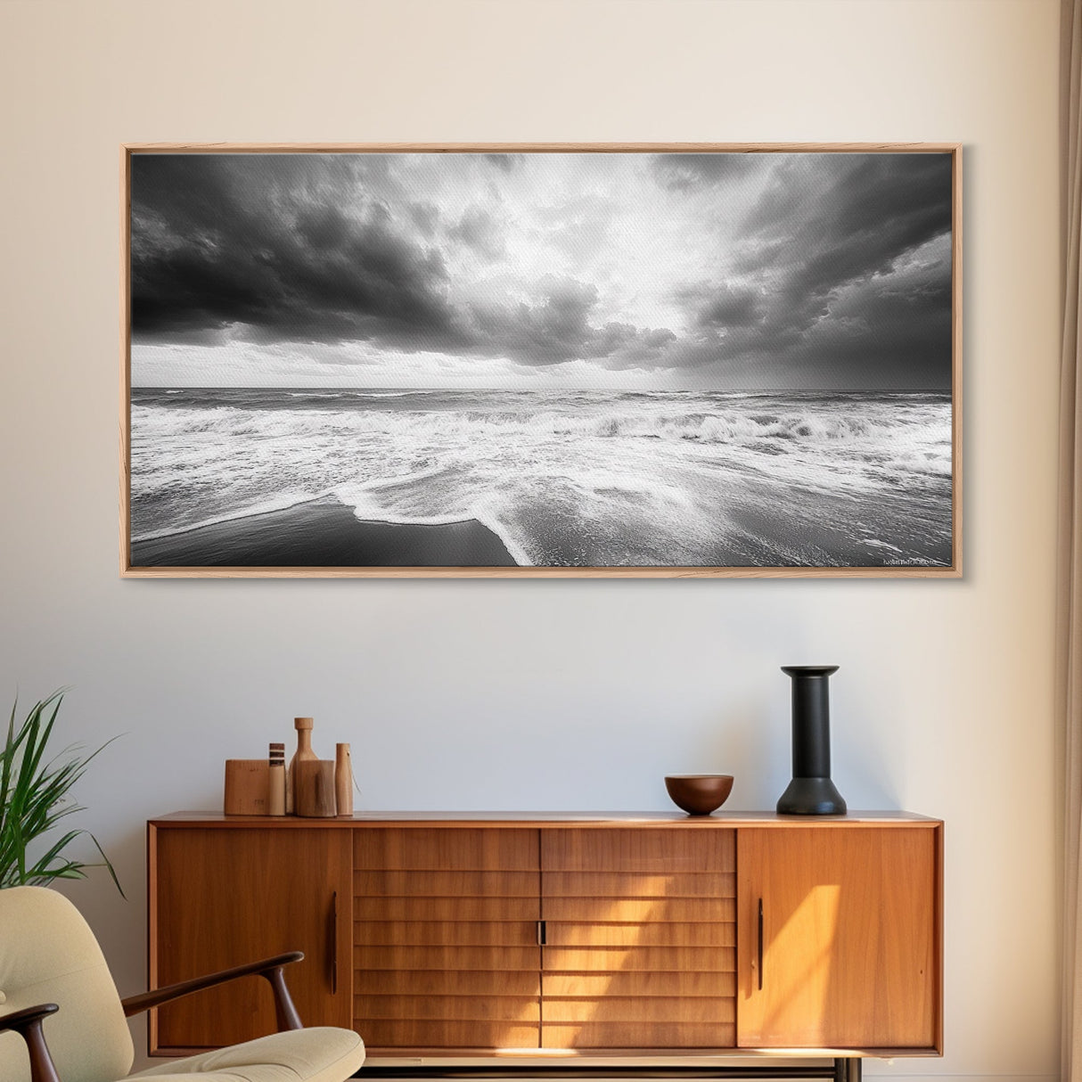Stormy Sea, Ocean Waves, Monochrome Seascape, Dramatic Beach View, Framed Canvas Print, Nautical Wall Art, Bathroom Coastal Decor