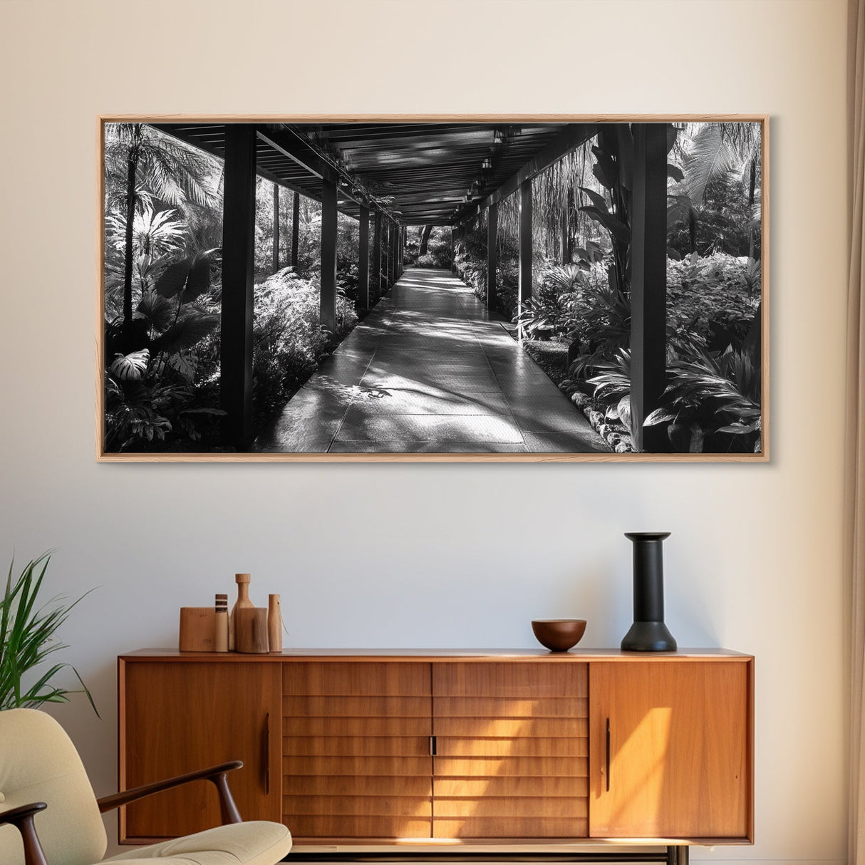 Serene Garden Pathway, Nature Tunnel Walk, Tropical Jungle Scene, Framed Canvas Print, Minimalist Art, Living Room Wall Decor