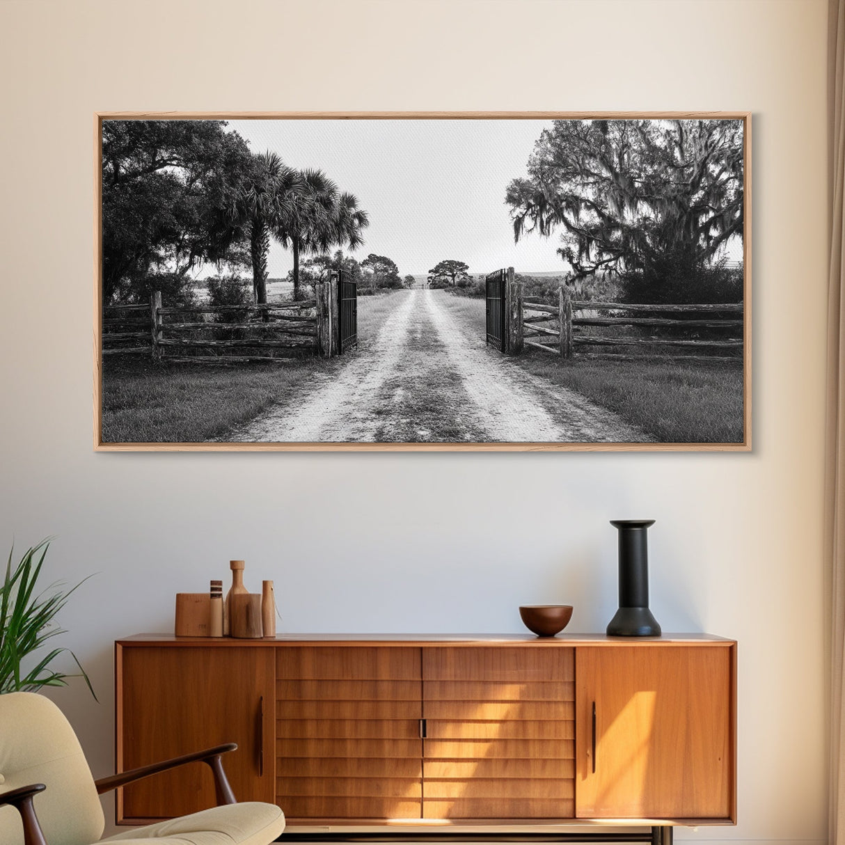 Rustic Gate Trail, Southern Country Road, Tree-Lined Entry, Framed Canvas Print, Farmhouse Style, Entryway or Office Wall Art