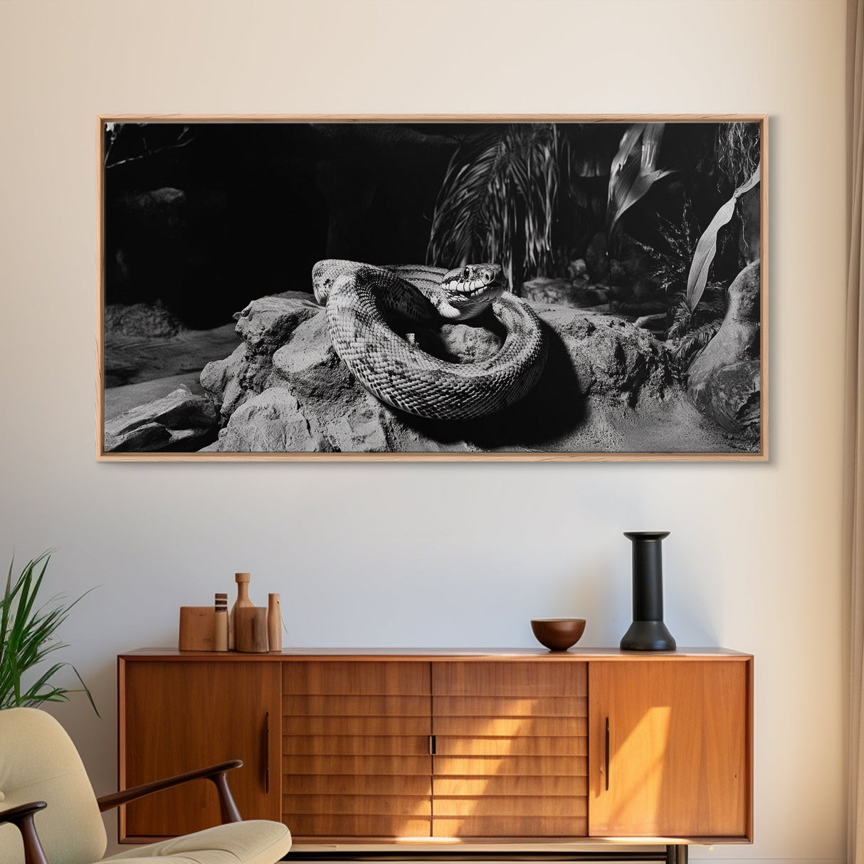 Jungle Snake Scene, Reptile Animal Art, Bold Black and White, Framed Canvas Print, Wildlife Decor, Man Cave or Study Wall Art