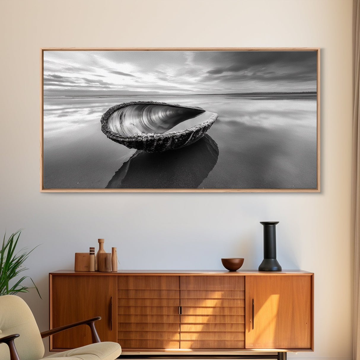 Seashell Shore Still, Ocean Reflection Calm, Beach Shell Close-Up, Framed Canvas Print, Coastal Minimalism, Bathroom Wall Art