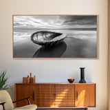 Seashell Shore Still, Ocean Reflection Calm, Beach Shell Close-Up, Framed Canvas Print, Coastal Minimalism, Bathroom Wall Art