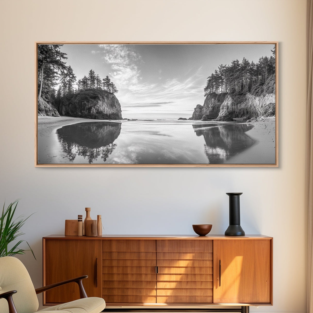 Sea Stacks, Calm Waters, Coastal Trees, Tranquil Morning, Framed Canvas Print, coastal wall art, nature inspired, entryway decor
