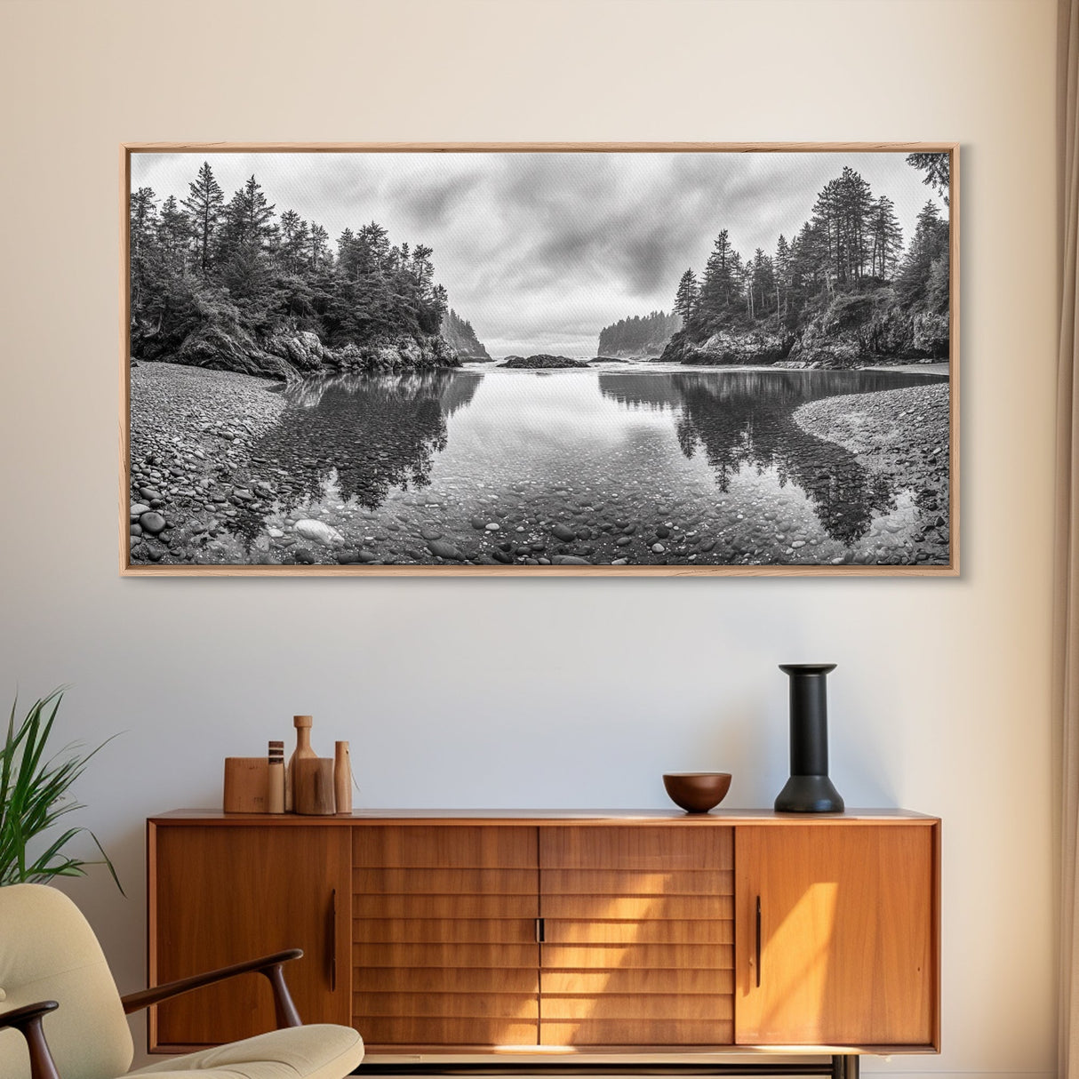 Forest Shoreline, Pebble Beach, Misty Inlet, Calm Waters, Canvas Print, natural modern art, neutral palette, living room wall decor
