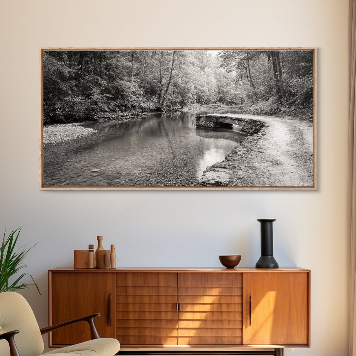 Stone Bridge, Forest Path, Quiet Creek, Peaceful Nature, Canvas Print, tranquil woodland art, Fall entryway piece, rustic landscape