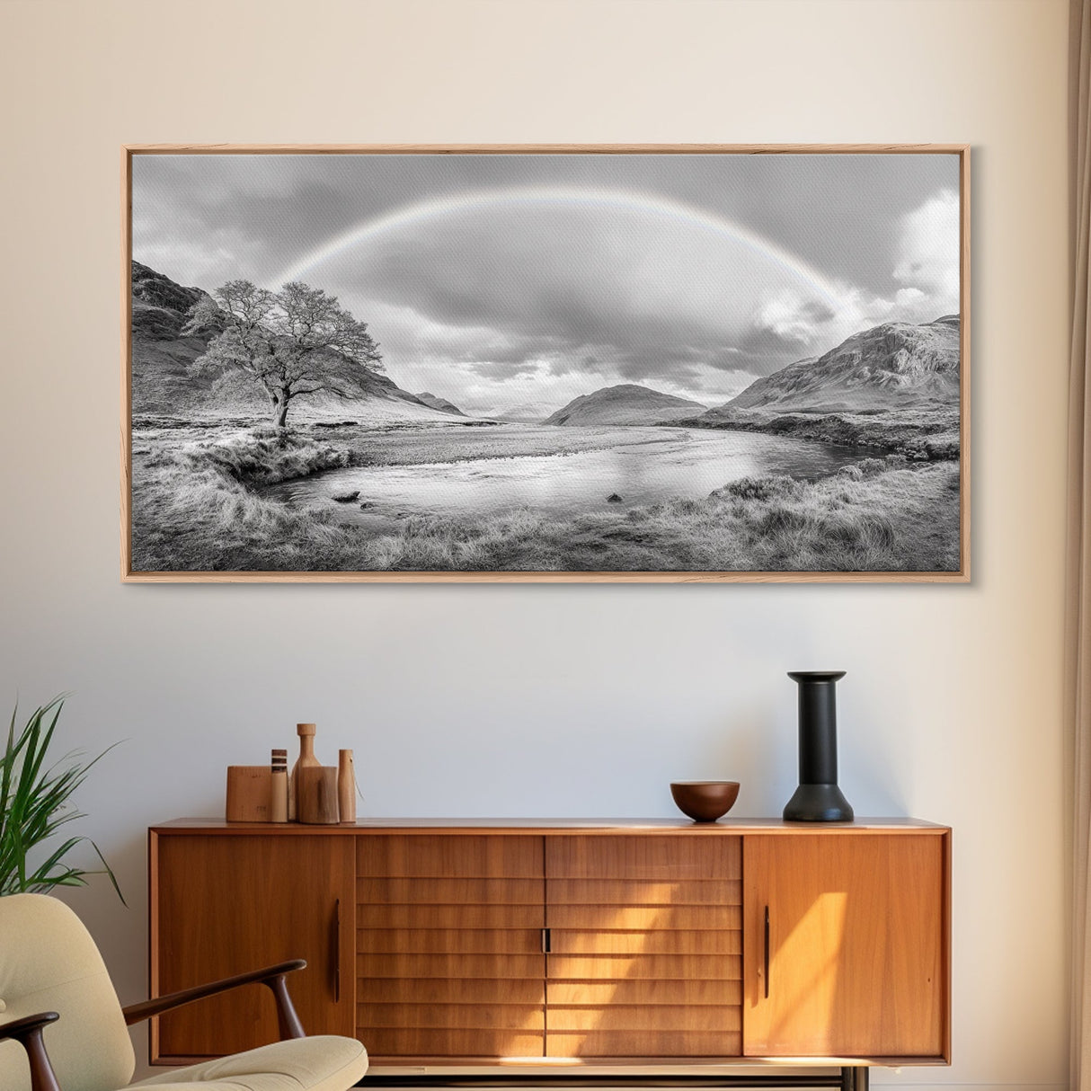 Rainbow, River Valley, Highland Scene, Minimalist Landscape Art, Framed Canvas Print, Entryway Decor, Rustic Nature Print, Calming Wall Art