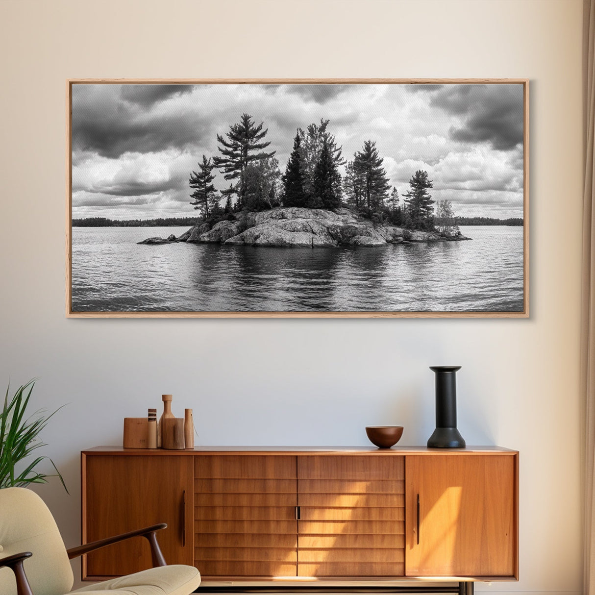 Lake Island, Pine Trees, Nature Panorama, Black and White Wilderness, Framed Canvas Print, Office Wall Art, Outdoor Inspired Decor