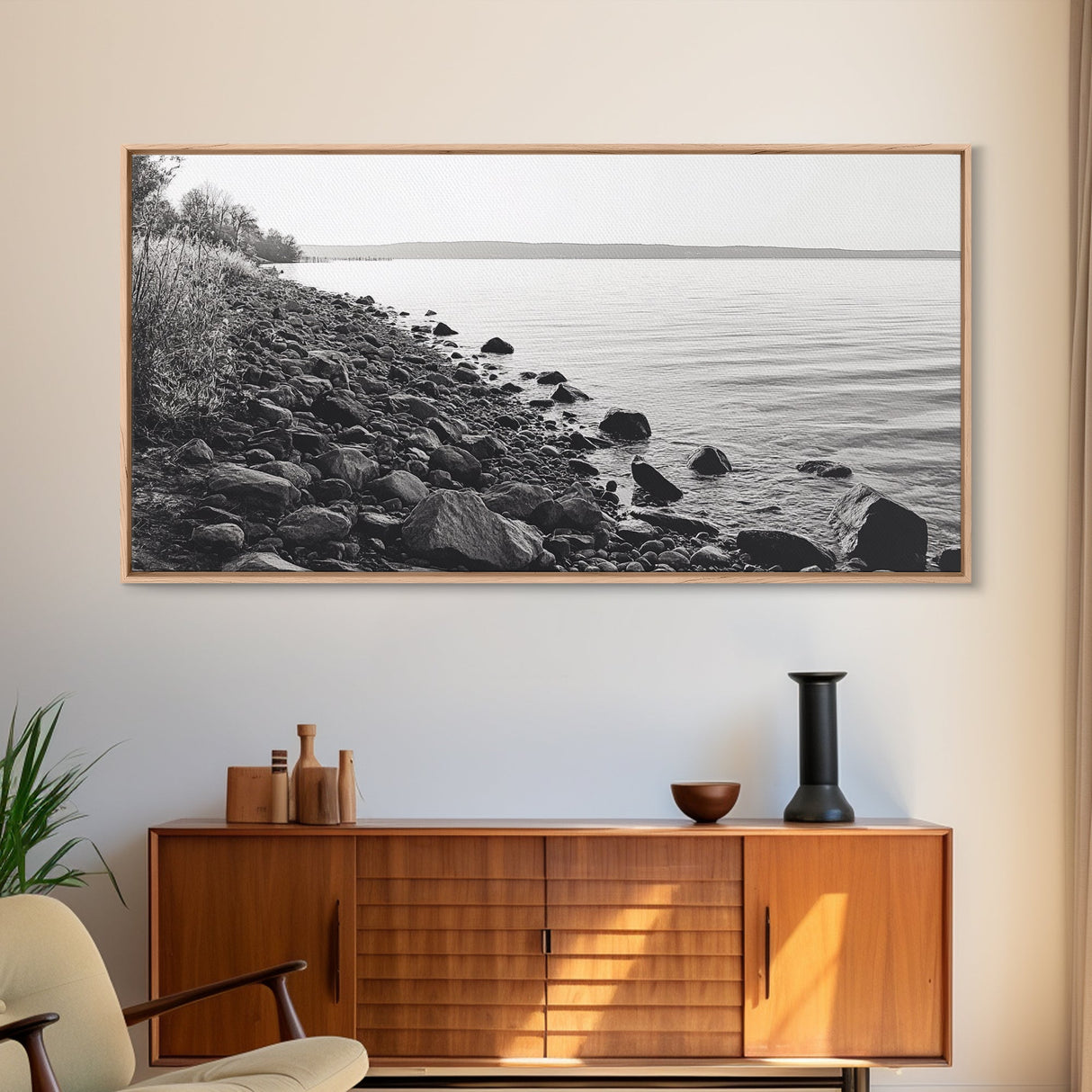 Shoreline Rocks, Quiet Water, Still Landscape, Coastal Photography, Canvas Print, Minimalist Office Art, Calm Nature Scene
