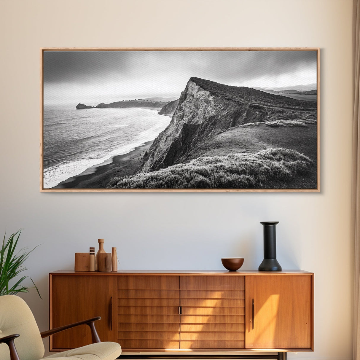 Cliffside Shoreline, Coastal Landscape Art, Ocean Horizon Scene, Canvas Print, Living Room Wall Art, Modern Seaside Minimalist Decor