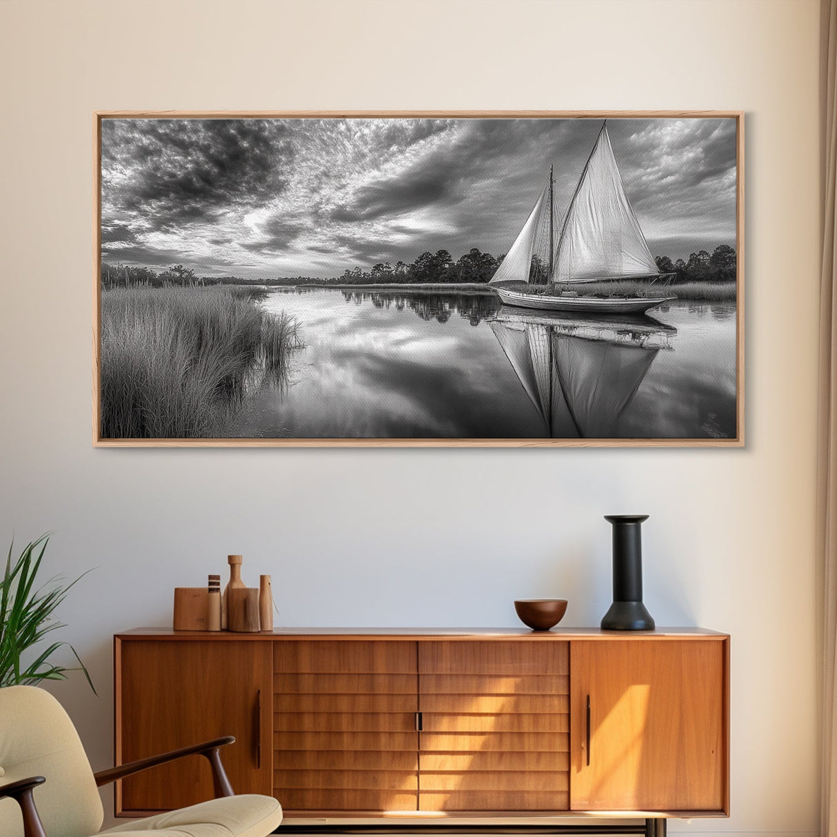 Sailboat Reflection, Tranquil River, Nautical Scene, Black White, Framed Canvas Print, Coastal Decor, Beach House Wall Art, Ocean Minimalism