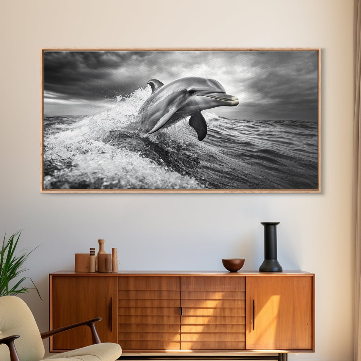 Leaping Dolphin, Ocean Life, Marine Animal, Waves Splashing, Framed Canvas Print, Coastal Kids Room Art, Beach House Decor