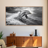 Leaping Dolphin, Ocean Life, Marine Animal, Waves Splashing, Framed Canvas Print, Coastal Kids Room Art, Beach House Decor