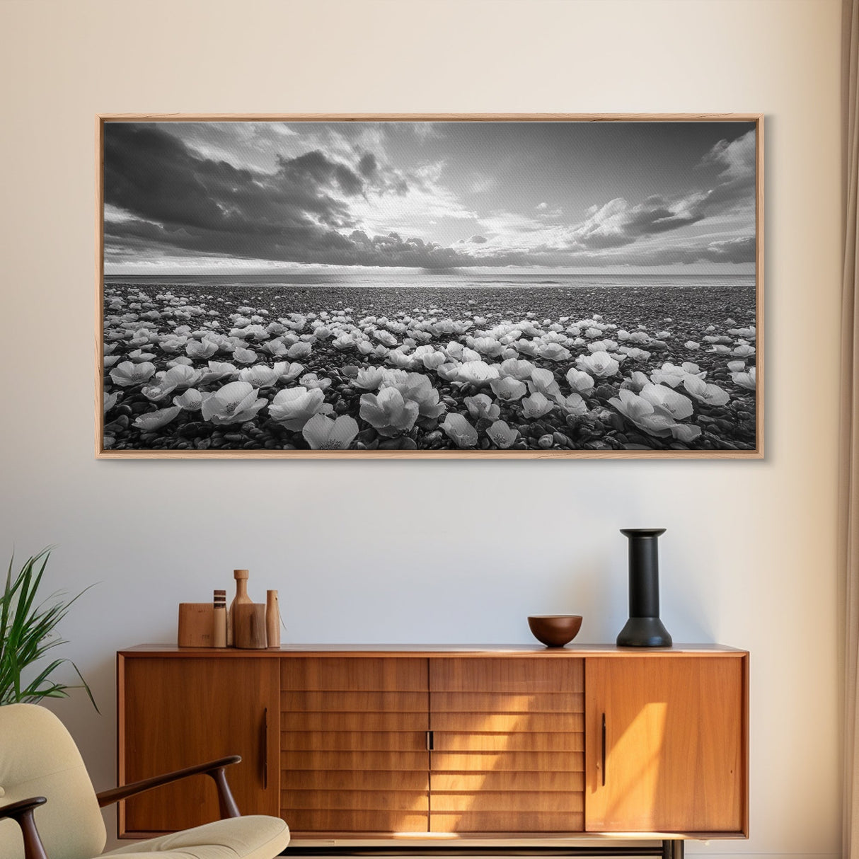Flower Beach Shore, Coastal Blossoms, Pebble Flower Scene, Nature Bloom Decor, Canvas Print, Living Room Wall Art, Boho Art