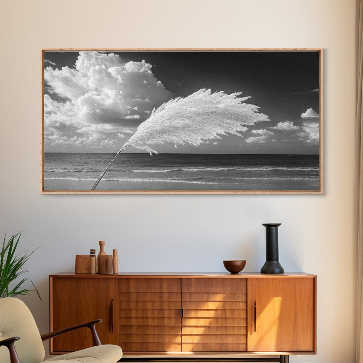 Pampas Grass Coast, Minimalist Beach Art, Boho Coastal Scene, Neutral Tones, Canvas Print, Living Room Wall Art, Fall Decor, Hallway Wall Art