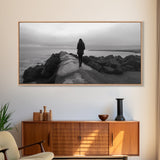 Woman Walking, Jetty View, Seaside Mood, Solitude Moment, Framed Canvas Print, Moody Wall Art, Bedroom Meditation Decor, Boho Decor