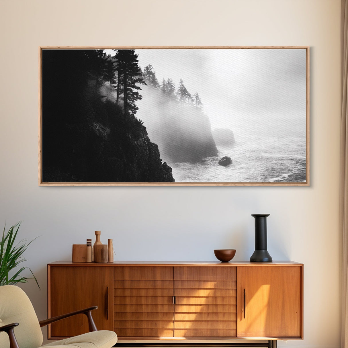Foggy Cliff Coast, Ocean Pines Landscape, Moody Nature Art, Misty Seascape Scene, Framed Canvas Print, Living Room Wall Art, Fall Decor