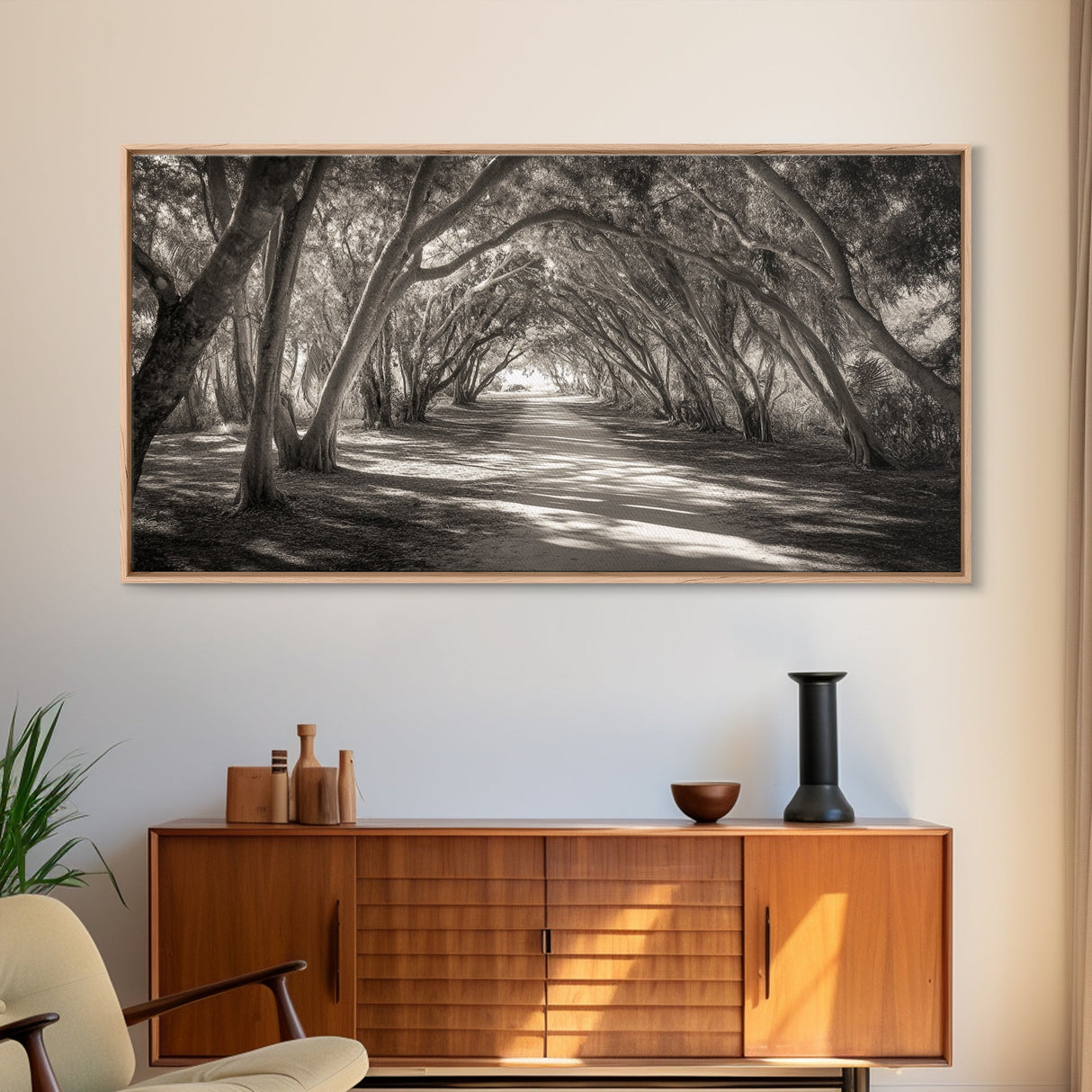 Tree Tunnel Trail, Light Dappled Path, Forest Archway Scene, Framed Canvas Print, Hallway Wall Art, Boho Natural Decor, Living Room Wall Art