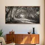 Tree Tunnel Trail, Light Dappled Path, Forest Archway Scene, Framed Canvas Print, Hallway Wall Art, Boho Natural Decor, Living Room Wall Art