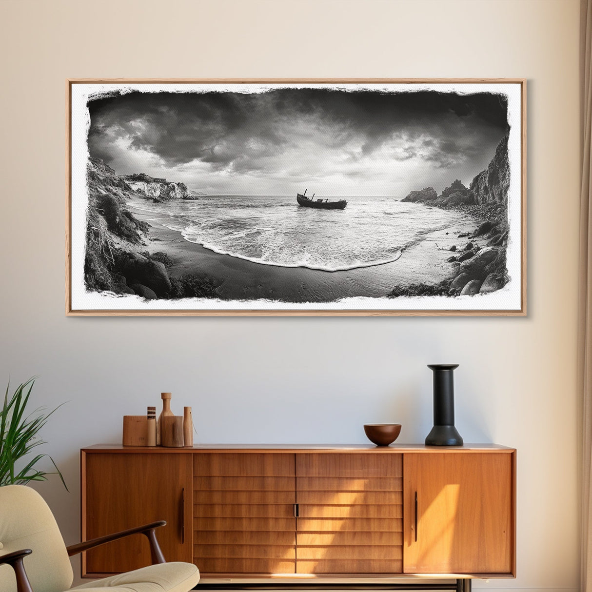 Shipwreck Beach Scene, Dramatic Coastline, Black and White Decor, Framed Canvas Print, Moody Art, Coastal Wall Art, Rustic Bedroom Print