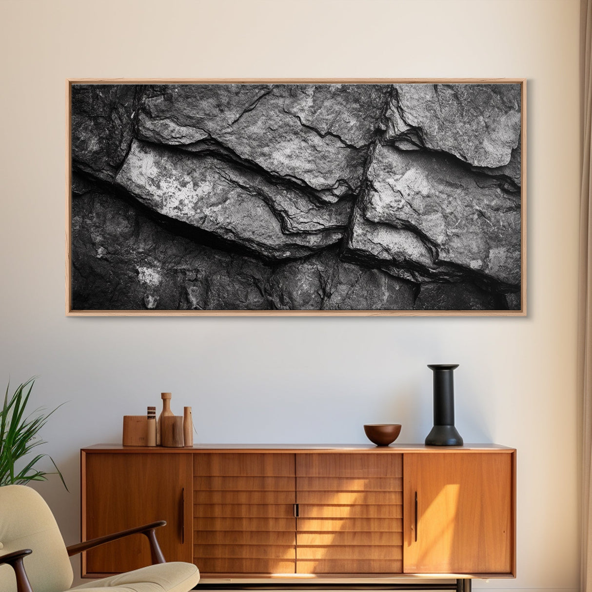 Stone Texture Closeup, Abstract Rock Pattern, Black and White Minimalist, Canvas Print, Modern Wall Art, Office Decor, Earthy Tones