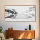 Snowy Cliff Reflection, Winter River Scene, Black and White Nature, Framed Canvas Print, Minimalist Wall Art, Neutral Winter Decor