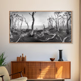 Burnt Forest, Moody Trees, Coastal Landscape, Nature Scene, Framed Canvas Print, Rustic Wall Art, Boho Decor, Fall Home Aesthetic