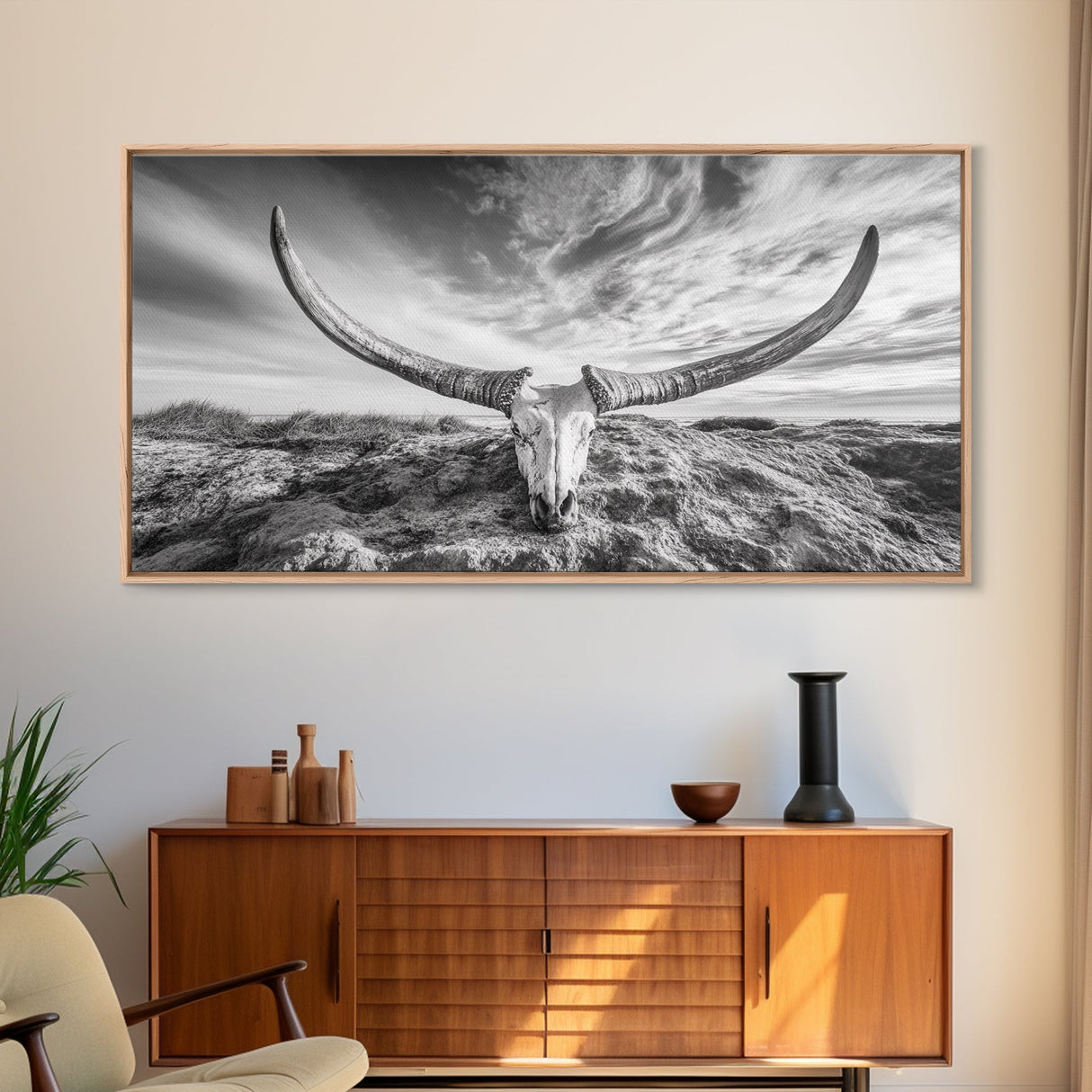 Longhorn Skull, Western Skull, Cowboy Decor, Rustic Ranch Style, Framed Canvas Print, Farmhouse Wall Art, Living Room Statement Piece