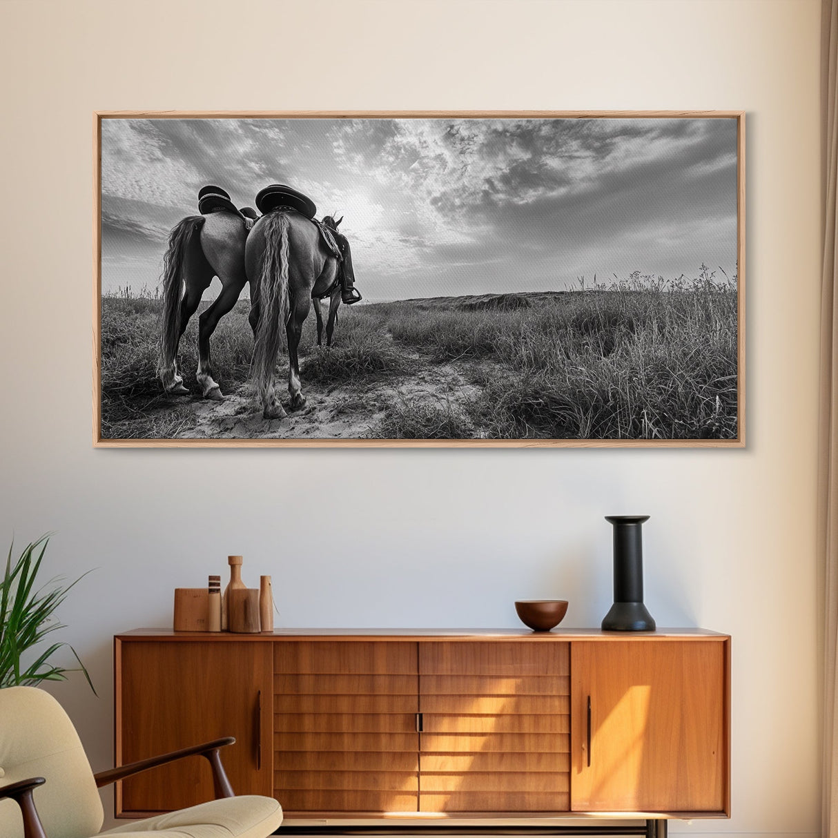 Grazing Horses, Cowboy Duo, Open Field, Equestrian Love Scene, Canvas Print, Western Wall Art, Rustic Ranch Living Room Decor