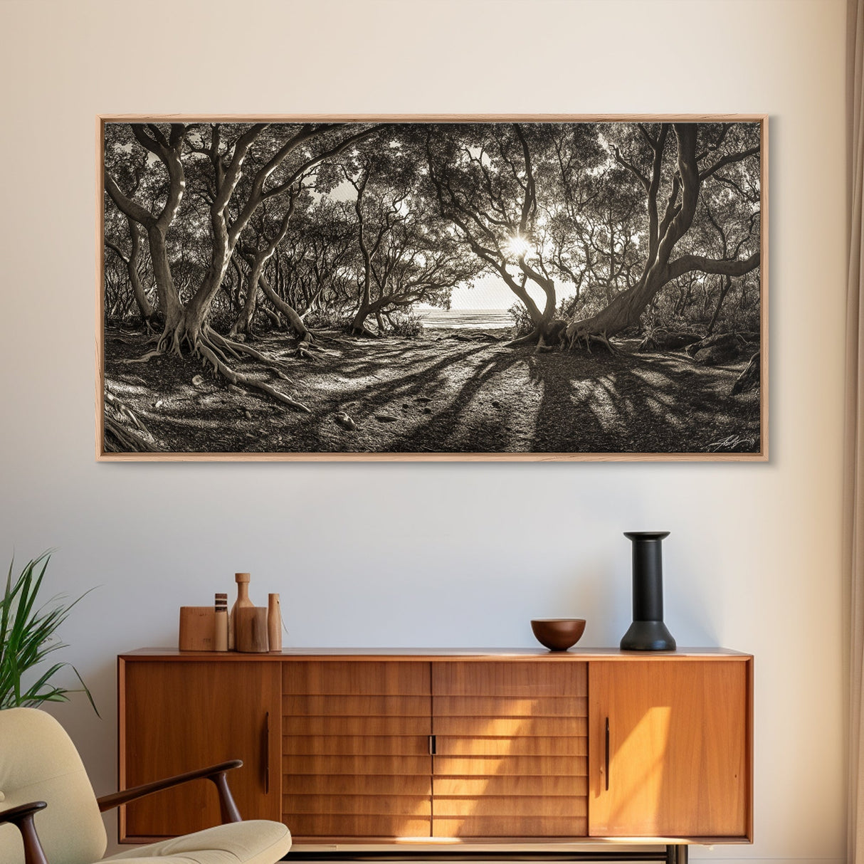 Enchanted Forest Light, Tree Shadows, Nature Landscape, Framed Canvas Print, Rustic Wall Art, Entryway Woodland Decor, Boho Forest Print