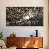 Enchanted Forest Light, Tree Shadows, Nature Landscape, Framed Canvas Print, Rustic Wall Art, Entryway Woodland Decor, Boho Forest Print