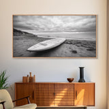 Surfboard, Coastal Shore, Serene Beach, Cloudy Sky, Framed Canvas Print, surfer room decor, rustic beach wall art, neutral home style