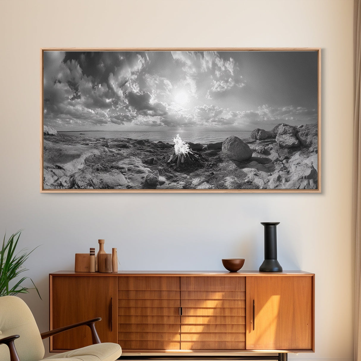 Coastal Campfire, Ocean Sunset, Rocky Shore, Bonfire Glow, Canvas Print, Nature Wall Art, Autumn Cabin Decor, Outdoor Retreat Style