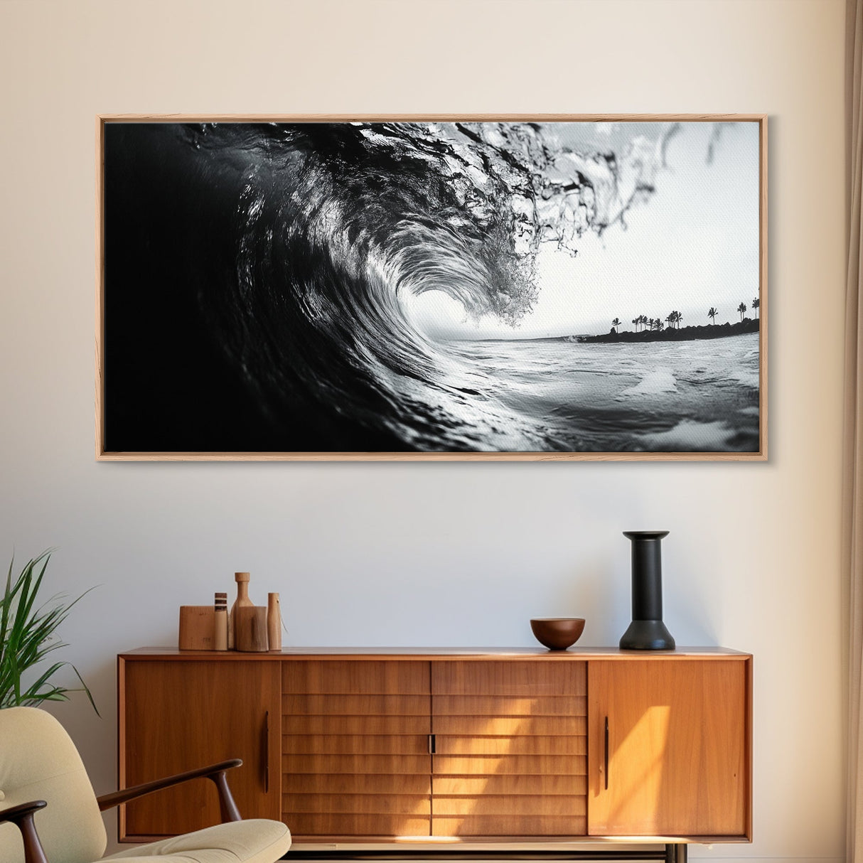 Ocean Wave Curl, Surf Tunnel, Tropical Coastline, Framed Canvas Print, Coastal Wall Art, Beach House Decor, Nature Photography