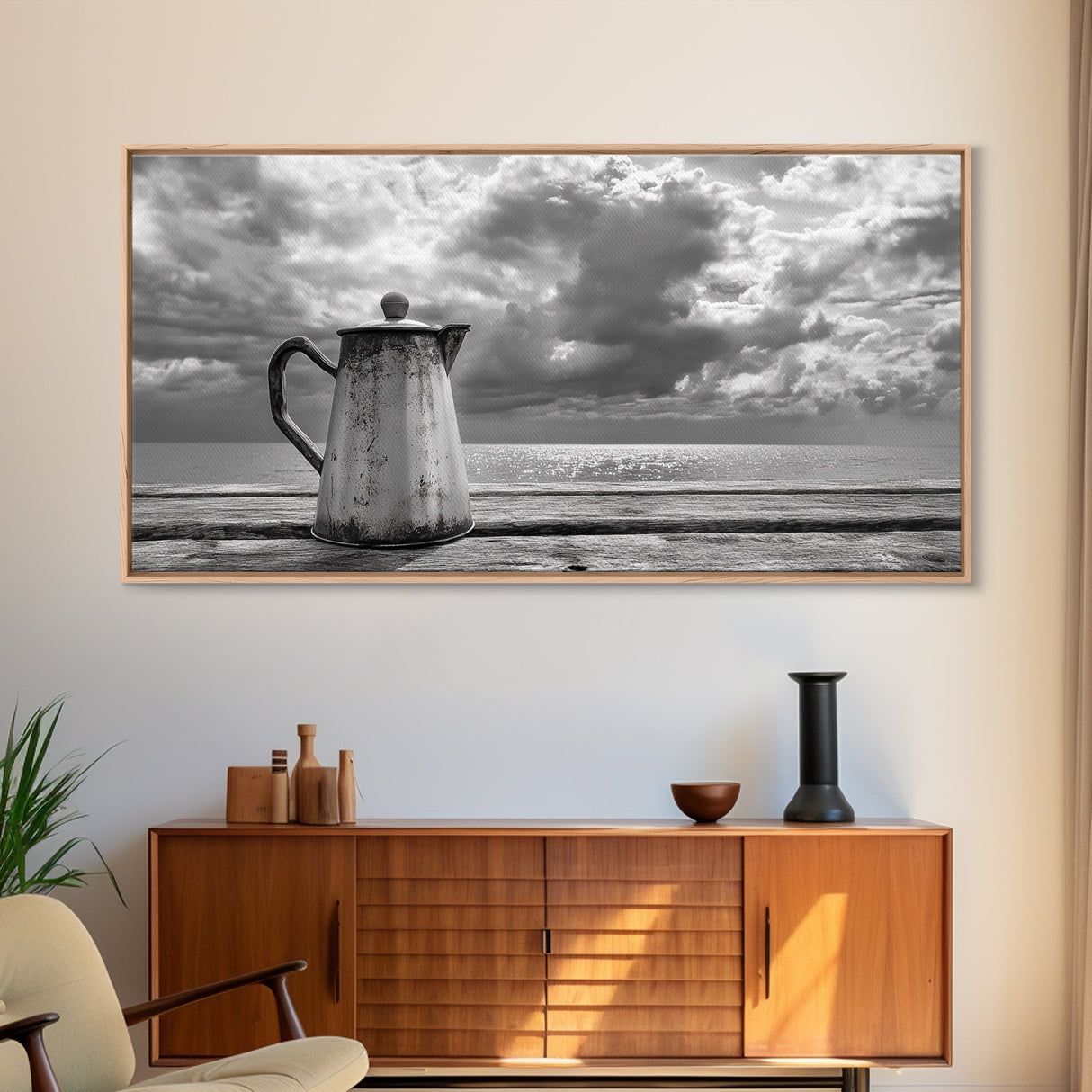 Seaside Coffee Pot, Oceanfront Still Life, Rustic Morning, Framed Canvas Print, Nautical Wall Art, Beach Kitchen Decor, Moody Nature Art