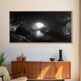 Sea Cave, Dark Ocean Cave, Natural Light Glow, Framed Canvas Print, Moody Nature Art, Living Room Wall Art, Monochrome Coastal Print