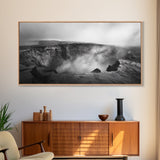 Volcanic Crater, Smoky Earth, Epic Landscape, Framed Canvas Print, Dramatic Nature Art, Study Room Decor, Moody Monochrome Photography