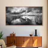 Stormy Marsh, Cloudy Sky, River Reflection, Framed Canvas Print, Nature Wall Art, Moody Landscape, Autumn Decor, Office Or Study Artwork