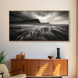 Grassy Plains, Stormy Sky, Dramatic Mountain, Monochrome Field, Canvas Print, Modern Minimalist Art, Office Wall Decor, Moody Wall Art
