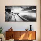 Calm Beach, Grassy Dunes, Serene Shoreline, Peaceful Water, Framed Canvas Print, Minimalist Art, Bedroom Wall Decor, Coastal Calm