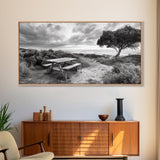Picnic Table, Ocean Tree, Coastal Path, Windswept Scene, Framed Canvas Print, Rustic Wall Art, Fall Decor, Peaceful Beach Setting