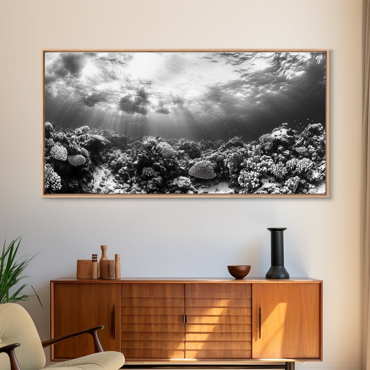 Coral Reef, Ocean Depths, Sunlight Rays, Marine Life, Canvas Print, Minimalist Nature Art, Bathroom Decor, Underwater Scene, Bedroom Wall Art