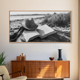 Open Book, Cowboy Hat, Driftwood Beach, Peaceful Shore, Canvas Print, Western Boho Art, Reading Nook Wall Decor, Fall Vibes, Office Wall Decor