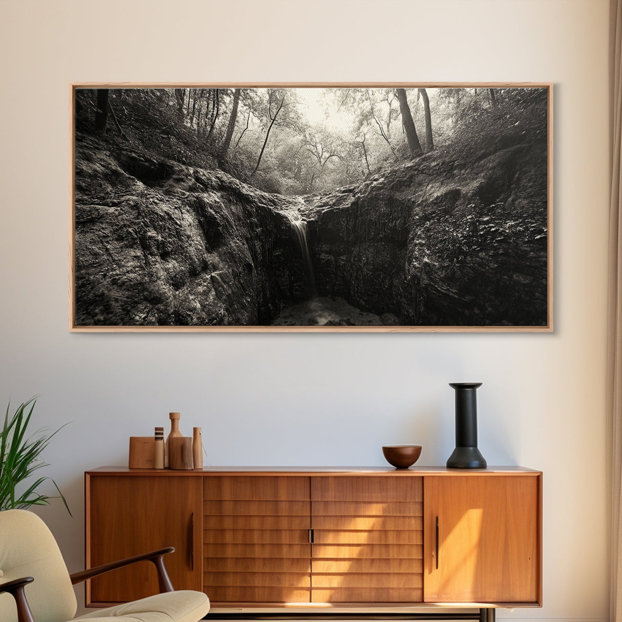 Forest Waterfall, Wooded Creek, Serene Nature, Rustic Landscape, Framed Canvas Print, Fall Cabin Wall Art, Nature Lover Decor