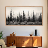 Misty Pines, Evergreen Forest, Morning Fog, Monochrome Nature, Canvas Print, Fall Entryway Wall Art, Woodland Boho Home Decor